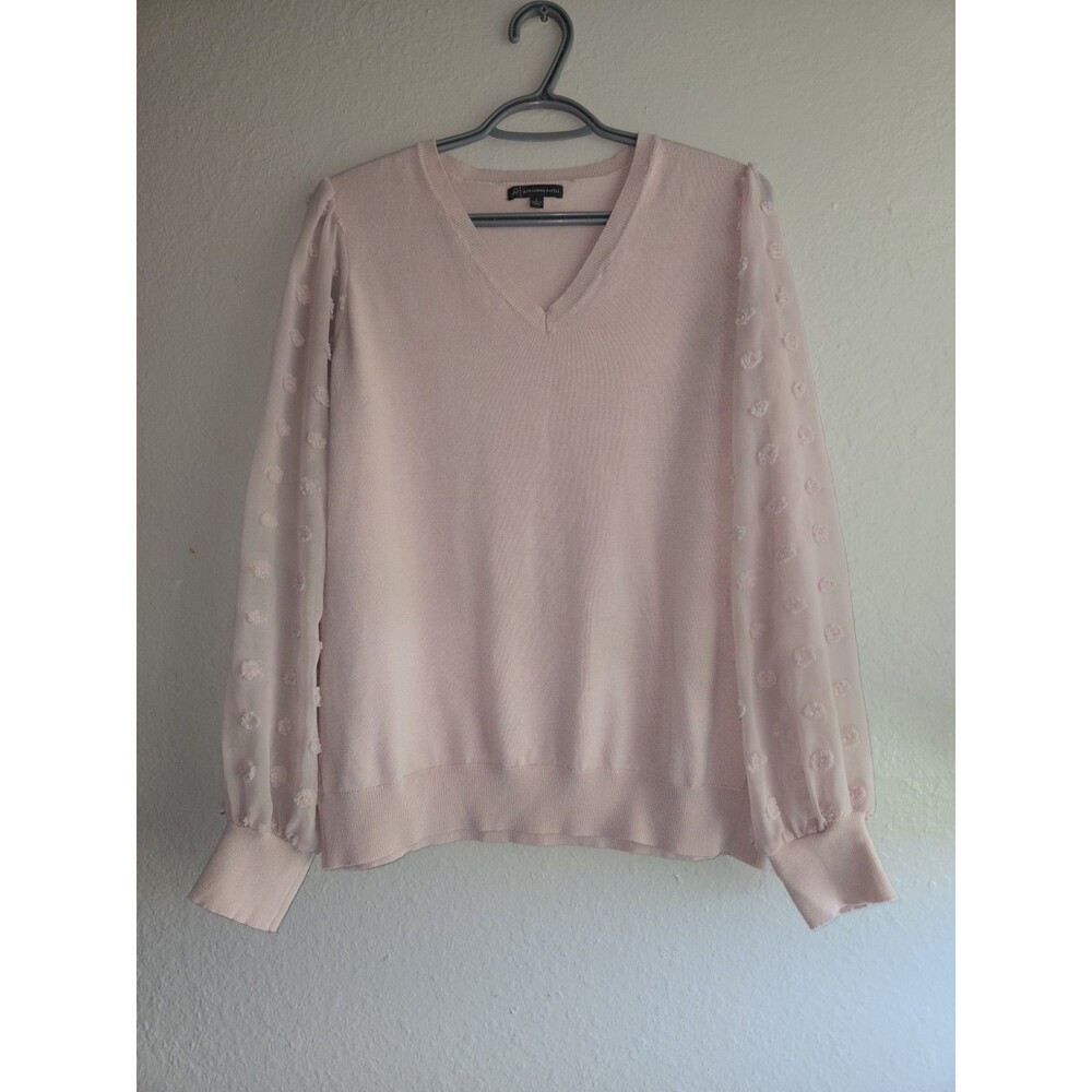 Adrianna Papell Pink V-Neck Sweater with Textured Sheer Sleeves Size L